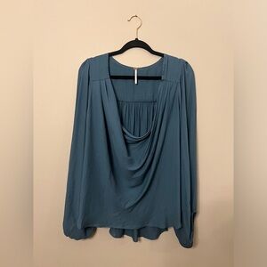 Free People Long Sleeve Cowl Neck Top Teal Women Size Large Boho Flowy